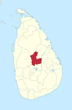 Area map of Matale District, located immediately north of the middle of the country, roughly the shape of a letter "C" and located in the Central Province of Sri Lanka