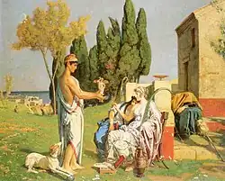 A painting of two women sitting, facing a man who holds a statuette of a winged boy