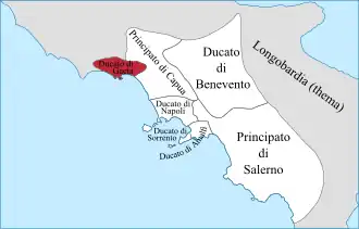 The states present in Campania around the year 1000. In red, the Duchy of Gaeta.