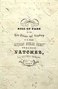 Menu from the steamboat Natchez on April 4, 1858.