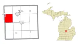 Location within Gratiot County and administered CDPs of Elm Hall (1) and portion of Riverdale (2)