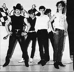 The Birthday Party in 1981, from left to right: Pew, Calvert, Harvey, Howard and Cave.