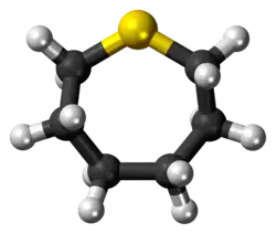 Ball-and-stick model of the thiepane molecule