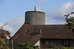 A lone tower with a statue on top of it, behind a red roof.
