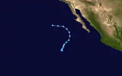 A track map of a tropical depression over the Eastern Pacific Ocean, off the west coast of the Baja California peninsula. The system's path starts with a slow north-northeastward motion; as it accelerates, the system gradually turns to the west, which results in the overall track resembling a fish hook.