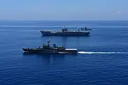 USS Blue Ridge (LCC-19) and Sri Lankan Navy SLNS Sayura and SLNS Samudura ships operate together