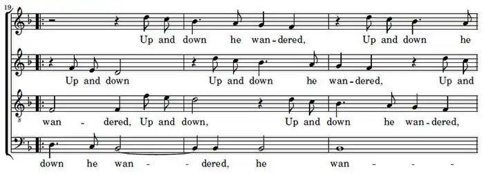 Word painting of the text "Up and down he wandered" using imitative polyphony