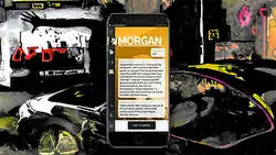 A screenshot showing a picture of a smartphone in the middle, on which an instant messaging application is used. The phone is surrounded by a collage of images.