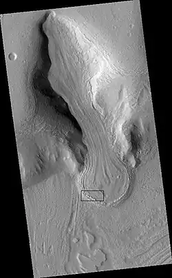 Possible glacier flowing down a valley and spreading out on a plain. Rectangle shows a portion that is enlarged in the next image.[11]