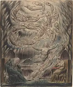 Image of Katherine and multiple figures swirling above