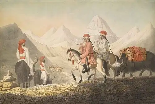 William Moorcroft and Hyder Young Hearsey on yaks with two Chinese horsemen