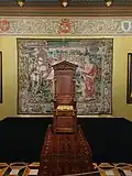 Coat of arms of Lithuania crowned with Gediminas' Cap in one of the rooms of the Palace of the Grand Dukes of Lithuania in Vilnius