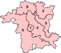 Numbered map of the parliamentary constituencies of Worcestershire created by the 2023 boundary review and first used at the 2024 UK general election.