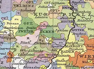 Counties of Zweibrücken (dark green) and Zweibrücken-Bitsch (pink) about 1400