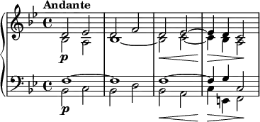  {   \new PianoStaff <<     \new Staff \relative d' {       \set Staff.midiInstrument = #"string ensemble 1" \key bes \major \clef treble \time 4/4 \set Score.tempoHideNote = ##t \tempo "Andante" 4 = 50       <<         {           \voiceOne \stemUp d2 \p es2 | % 2           d2 f2 | % 3           d2 \< es2 ~ | % 4           es4 \! \> d4 c2 \!         }         \new Voice \relative bes {           \voiceTwo \stemDown           bes2 a2 | % 2           bes1 ~ | % 3           bes2 c2 ~ | % 4           c4 bes4 a2         }       >> \oneVoice     }     \new Staff \relative f {       \set Staff.midiInstrument = #"string ensemble 1" \key bes \major \clef bass \time 4/4       <<         {           \voiceOne \stemUp           f1 \p ~ | % 2           f1 | % 3           f1 \< ~ | % 4           f4 \! \> g4 c,2 \!         }         \new Voice \relative bes, {           \voiceTwo \stemDown           bes2 c2 | % 2           bes2 d2 | % 3           bes2 a2 | % 4           c4 e,4 f2         }       >> \oneVoice     }   >> } 