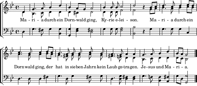  \header { tagline = ##f } \layout { indent = 0   \context { \Score \remove "Bar_number_engraver" }   \context { \Voice \remove "Dynamic_engraver" } } global = {   \key g \minor   \time 4/4   \partial 4 } voiceA = \relative c' { \global \autoBeamOff \set midiInstrument = #"flute"   d4 | g4. a8 bes4 d | bes a8 [g] a2 |   bes4 bes8 bes c2 | d2 r4   bes8 [c] | d4. c8 d4 es8 [d] |c4. bes8 c4   d8 [c] | bes4. a8 bes bes c bes | a4. g8 a4 a |   g4. a8 bes4 d | bes8 [a] g2 \bar "|." } VoiceB = \relative c' { \global \autoBeamOff \set midiInstrument = #"acoustic guitar (steel)"   d4\pp | bes4. c8 d4 d | d cis d2 |   d4 d8 d f2 | f r4   g8 [a] | bes4. a8 bes4 c8 [bes] |a4. g8 a4   bes8 [a] | g4. fis8 g g a g | fis4. e8 d4 d |   bes4. c8 d4 d | d8 [c] bes2 \bar "|." } bass = \relative c { \global \autoBeamOff \set midiInstrument = #"acoustic guitar (steel)"   d4\pp | g4. fis8 g4 <g bes,> | <g g,> <g es> <fis d>2 |   g4 g8 g <a f>2 | <bes bes,> r4   g4 | g4. g8 g4 c, | d4. d8 d4   fis | g4. d8 g4 fis8 g | d4. <g d>8 <fis d>4 <fis d> |   g4. f!8 <f bes,>4 <fis a,> | g8 [d] <g g,>2  \bar  "|." } verse = \lyricmode {   Ma -- ri -- a durch ein Dorn -- wald ging,   Ky -- rie e -- lei -- son.   Ma -- ri -- a durch ein Dorn -- wald ging,   der hat in sie -- ben Jahrn kein Laub ge -- tra -- gen.   Je -- sus und Ma -- ri -- a. } \score {   \new ChoirStaff <<     \new Staff \with { \consists "Merge_rests_engraver" }     <<       \clef treble       \new Voice = "voiceA" { \voiceOne \voiceA }       \addlyrics { \verse }       \new Voice = "voiceB" { \voiceTwo \VoiceB }     >>     \new Staff \with { \consists "Merge_rests_engraver" }     <<       \clef bass       \new Voice = "bass" { \bass }     >>   >>   \layout { } } \score { << \voiceA \\ \VoiceB \\ \bass >>    \midi { \tempo 4=108   \context { \Score midiChannelMapping = #'instrument }   \context { \Staff \remove "Staff_performer" }   \context { \Voice \consists "Staff_performer" }   } } 