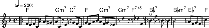 \version "2.22.0"  \header { tagline = "" }  global = {   \time 4/4   \key f \major   \set Score.tempoHideNote = ##f   \tempo "" 4=220   \set chordChanges = ##t }  chordNames = \transpose c c, \chordmode {   \global   f1 |   g2:m7 c2:7 |   f2 g2:m7 |   c2:m7 f2:7.5+   bes1:7 |   bes2:m7 es2:7 |   f4 }  melody = \relative c' {   \bar ".|:"   f8 e f c r4 a'8 gis |   a c, r e r g f c |   g' f a bes a f g es |   r8 d'4 r8 r des4 f,8 |   b4.^\lheel f'8 r b, bes4~ |   bes2 as8 f g f |   c'4 }  \score {   <<     \new ChordNames \chordNames     \new Staff {       \global       \melody     }   >>   \layout { } }  \score {   \unfoldRepeats   <<     \new ChordNames \chordNames     \new Staff {       \global       \melody     }   >>   \midi { } }