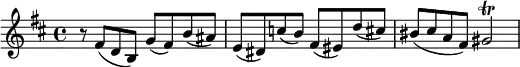 { \relative c' { \set Score.tempoHideNote = ##t \tempo 4 = 96 \time 4/4 \key b \minor r8 fis( d b) g'( fis) b( ais) e( dis) c'( b) fis( eis) d'( cis!) bis( cis( a fis) gis2\trill } }