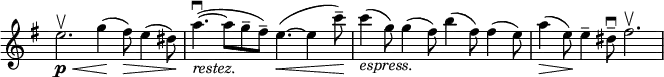  \relative c' \new Staff \with { \remove "Time_signature_engraver" } {  \set Staff.midiInstrument = "violin"  \key e \minor \time 12/8   e'2.\p \upbow \< g4\!( fis8\>) e4( dis8\!) a'4.~\downbow _\markup \italic restez. ( a8 g-- fis--) e4.~\< ( e4 c'8--\!)   c4_\markup \italic espress. ( g8) g4( fis8) b4( fis8) fis4( e8) a4\>( e8\!) e4-- dis8--\downbow fis2.\upbow } 