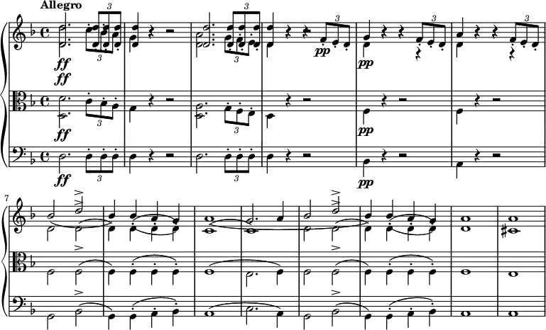 { \new PianoStaff <<         \new Staff <<   \set Staff.midiInstrument = #"violin"   \tempo "Allegro"   \tempo 4 = 140   \key d \minor   \time 4/4   \new Voice \relative c' {     \stemUp     <d d'>2. _\ff \times 2/3 {q8-. q-. q-.}     q4 r r2 q2. \times 2/3 {q8-. q-. q-.}     q4 r r \times 2/3 {f8-. _\pp e-. d-.}     g4 r r \times 2/3 {f8-. e-. d-.}     a'4 r r \times 2/3 {f8-. e-. d-.}     bes'2 ( d^>     bes4) bes-.( a-. g-.)     a1(     g2. a4     bes2 ( d^>     bes4) bes-.( a-. g-.)     a1     a   }   \new Voice \relative c' {     \stemDown     <d d'>2. _\ff \times 2/3 {c'8-. bes-. a-.}     g4 r r2     <d a'>2. \times 2/3 {g8-. f-. e-.}     d4 r r2     d4 _\pp r r r     d r r r     d2 d^>(     d4) d-.( d-. d-.)     c1(     c)     d2 d^>(     d4) d-.( d-. d-.)     d1     cis   } >>         \new Staff <<   \set Staff.midiInstrument = #"viola"   \tempo "Allegro"   \tempo 4 = 140   \clef alto   \key d \minor   \time 4/4   \new Voice \relative c {     \stemDown     <d d'>2. _\ff \times 2/3 {c'8-. bes-. a-.}     g4 r r2     <d a'>2. \times 2/3 {g8-. f-. e-.}     d4 r r2     f4 _\pp r r2     f4 r r2     f2 f^>(     f4) f-.( f-. f-.)     f1(     e2. f4)     f2 f^>(     f4) f-.( f-. f-.)     f1     e   } >>         \new Staff <<   \set Staff.midiInstrument = #"cello"   \tempo "Allegro"   \tempo 4 = 140   \clef bass   \key d \minor   \time 4/4   \new Voice \relative c {     \stemDown     d2. _\ff \times 2/3 {d8-. d-. d-.}     d4 r r2     d2. \times 2/3 {d8-. d-. d-.}     d4 r r2     bes4 _\pp r r2     a4 r r2     g2 bes^>(     g4) g-.( a-. bes-.)     a1(     c2. a4)     g2 bes^>(     g4) g-.( a-. bes-.)     a1     a   } >> >> }