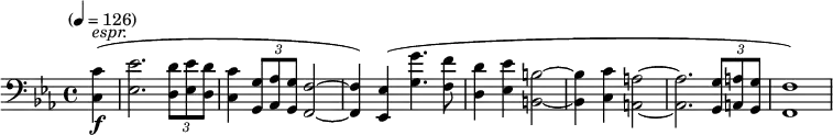 \new Staff \relative c {   \clef bass \time 4/4 \key c \minor \tempo "" 4=126 \partial 4 \set Staff.midiInstrument = #"trombone"   <c c'>4-\f^\markup{\italic "espr."} (<ees ees'>2. \times 2/3 {<d d'>8 <ees ees'> <d d'>} <c c'>4 \times 2/3 {<g g'>8 <aes aes'> <g g'>} <f f'>2~q4) <ees ees'>4 (<g' g'>4. <f f'>8 <d d'>4 <ees ees'> <b b'>2~q4 <c c'>4 <a a'>2~q2.   \times 2/3 { <g g'>8 <a a'> <g g'> } <f f'>1 ) }