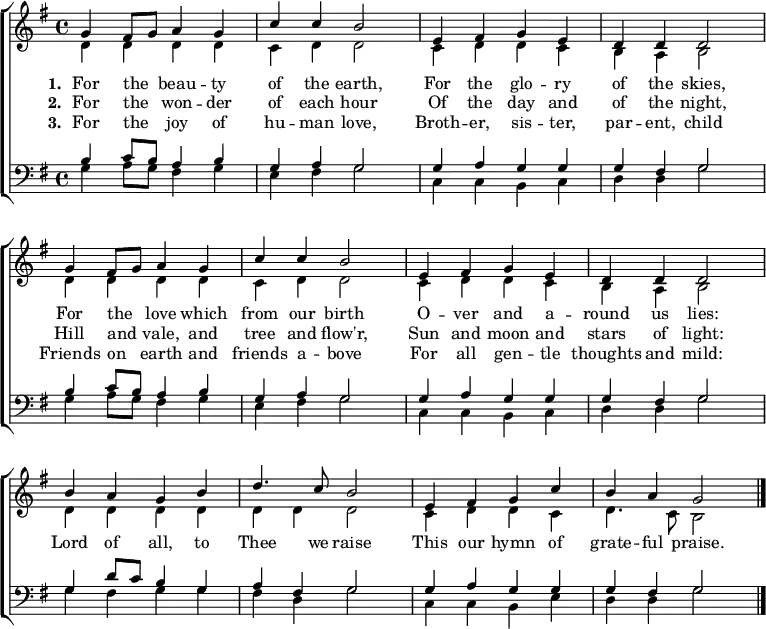 { \new ChoirStaff << \language "english" \new Staff << \new Voice \relative c'' { \set Score.tempoHideNote = ##t \override Score.BarNumber #'transparent = ##t \tempo 4 = 100 \voiceOne \clef treble \key g \major \time 4/4 g4 fs8 g a4 g | c c b2 | e,4 fs g e | d d d2 \break g4 fs8 g a4 g | c c b2 | e,4 fs g e | d d d2 \break b'4 a g b | d4. c8 b2 | e,4 fs g c | b a g2 \bar "|." \break } \addlyrics {\set stanza = #"1. " For the _ beau -- ty of the earth, For the glo -- ry of the skies, For the _ love which from our birth O -- ver and a -- round us lies: Lord of all, to Thee we raise This our hymn of grate -- ful praise. } \addlyrics {\set stanza = #"2. " For the _ won -- der of each hour Of the day and of the night, Hill and _ vale, and tree and flow'r, Sun and moon and stars of light: } \addlyrics {\set stanza = #"3. " For the _ joy of hu -- man love, Broth -- er, sis -- ter, par -- ent, child Friends on _ earth and friends a -- bove For all gen -- tle thoughts and mild: } \new Voice \relative c' { \voiceTwo d4 d d d | c d d2 | c4 d d c | b a b2 | d4 d d d | c d d2 | c4 d d c | b a b2 | d4 d d d | d d d2 | c4 d d c | d4. c8 b2 } >> \new Staff << \new Voice \relative c' { \clef bass \key g \major \time 4/4 \voiceOne b4 c8 b a4 b | g a g2 | g4 a g g | g fs g2 b4 c8 b a4 b | g a g2 | g4 a g g | g fs g2 g4 d'8 c b4 g | a fs g2 | g4 a g g | g fs g2 } \new Voice \relative c' { \voiceTwo g4 a8 g fs4 g | e fs g2 | c,4 c b c | d d g2 g4 a8 g fs4 g | e fs g2 | c,4 c b c | d d g2 g4 fs g g | fs d g2 | c,4 c b e | d d g2 } >> >> }