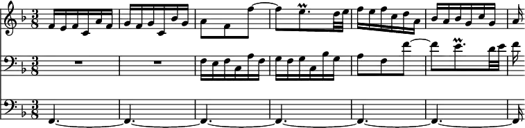 { << << \new Staff { \clef treble \key f \major \tempo 8=120 \set Staff.midiInstrument = "flute" { \set Score.tempoHideNote = ##t \override Score.BarNumber #'transparent = ##t \time 3/8 \relative c' { f16 e f c a' f | g f g c, bes' g | a8 f f'~ | f e8.\prall d32 e | f16 e f c d a | bes a bes g c g | a16 } } } \new Staff { \clef bass \key f \major \set Staff.midiInstrument = "flute" { \relative c { R1*3/8 | R1*3/8 | f16 e f c a' f | g f g c, bes' g | a8 f f'~ | f e8.\prall d32 e | f16 } } } \new Staff { \clef bass \key f \major \set Staff.midiInstrument = "flute" { \relative c, { f4.~ | f~ | f~ | f~ | f~ | f~ | f16 } } } >> >> }