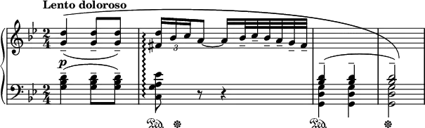 \new PianoStaff \with { connectArpeggios = ##t } << \new Staff = "up" { \relative c'' { \key g \minor \time 2/4 \clef treble \override Score.MetronomeMark #'padding = #4 \set Score.tempoHideNote = ##t \tempo "Lento doloroso" 4 = 32 \set Staff.midiInstrument = #"acoustic grand" \stemUp \once \override PhrasingSlur #'control-points = #'((0.69 . 4.69) (16.9 . 6.9) (69 . 6.9) (69 . -4)) <g d'>4--(^\( q8-- q--) | \override TupletBracket #'stencil = ##f \override TupletNumber #'Y-offset = #-2 \times 2/3 { <fis d'>16\arpeggio bes c } a8 ~ a16 bes32-- c-- bes-- a-- g-- fis-- | \change Staff = "down" <bes, d>4^-^( q^- | q2^-)\) }} \new Dynamics { s2\p } \new Staff = "down" { \relative c' { \key g \minor \time 2/4 \clef bass \set Staff.midiInstrument = #"acoustic grand" \stemDown <g bes d>4--( q8-- q--) | <c, g' a es'>8\arpeggio r r4 <g d' g>4 q | q2 }} \new Dynamics { s2 s16\sustainOn s4..\sustainOff s2\sustainOn s\sustainOff } >>