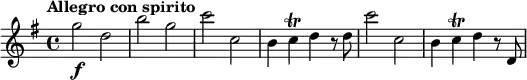  \relative c''' {   \key g \major   \tempo "Allegro con spirito"   g2\f d | b' g | c c, | b4 c4\trill d4 r8 d | c'2 c, | b4 c4\trill d4 r8 d, } 