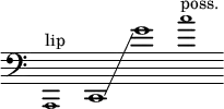 { \new Staff \with { \remove "Time_signature_engraver" } \clef bass \key c \major \cadenzaOn \tweak font-size #-2 a,,1 ^ "lip" c,1 \glissando g'1 \tweak font-size #-2 c''1 ^ "poss." }