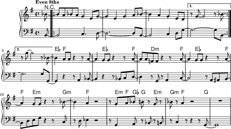 \version "2.22.0"  \header { tagline = "" }  global = {   \time 4/4   \key g \major   \set Score.tempoHideNote = ##t   \tempo "Even 8ths" 4=157   \set chordChanges = ##t   \partial 8 }  chordNames = \transpose c c, \chordmode {   \global   r8 |   \repeat volta 2 { R1*3 | }   \alternative{     { R1 | }     { R1 | }   }   es4 f2~ f8 f8~ |   f4 es2~ es8 f8~ |   f4 d2:m~ d8:m f8~ |   f4 es2~ es8 f8~ |   f4 e2:m~ e8:m g8:m~ |   g4:m f2.~ |   f8 e:m f ges g4 e:m |   g4:m f2~ f8 g8~ |   g1 | }  right = \relative c'' {   \global   bes8~ |   \repeat volta 2 {     bes8 a bes a g4 e8 g~ |     g4 e g a8 bes~ |     bes4 a g e8 d   }   \alternative {     { r8 g~ g2 r8 bes8~ \laissezVibrer | }     { r8 g'~ g2 r8 bes,8~ | }   }   bes4 a8 a r4 r8 a8~ |   a4 g8 g r4 r8 a~ |   a8 a f f r4 r8 a8~ |   a4 g8 g r4 r8 a~ |   a4 g8 g r4 r8 bes~ |   bes4 a r2 |   r8 g a bes b r g r |   bes8 r a4 r2 |   R1 | }  left = \relative c {   \global   b8~ |   \repeat volta 2 {     b2 c4. d8~ |     d2.~ d8 b8~ |     b2 c4 d8 g~ |   }   \alternative {     { g2.~ g8 b,8~ \laissezVibrer | }     { g'2.\repeatTie g8 g,~ }   }   g4 r r8 a4 bes8~ |   bes4 r r8 bes c d~ |   d4 r8 g, r a4 c8~ |   c2 r8 a ais b~ |   b8 d e g r4 r8 c, |   r8 d es4 r2 |   r8 g,4 a8 r bes r b |   r8 c4 r8 r4 r8 g8~ |   g1 | }  \score {   \new PianoStaff <<     \new ChordNames \chordNames     \new Staff = "right" { \global \right }     \new Staff = "left" { \global \clef bass \left }   >>   \layout { } }  \score {   \unfoldRepeats   \new PianoStaff <<     \new ChordNames \chordNames     \new Staff = "right" { \global \right }     \new Staff = "left" { \global \clef bass \left }   >>   \midi { } }