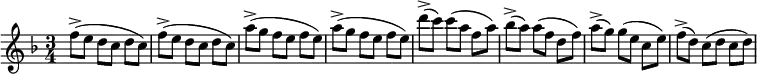 \relative c'' { \key f \major \time 3/4 \set Timing.beamExceptions = #'() \set Score.tempoHideNote = ##t \tempo 4 = 240 f8->( e d c d c) f->( e d c d c) a'->( g f e f e) a->( g f e f e) d'->( c) c( a f a) bes->( a) a( f d f) a->( g) g( e c e) f->( d) c( d c d) }