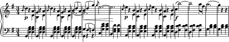   \relative c' {   \new PianoStaff <<    \new Staff { \key e \minor \time 3/4     <<    {     s16 \slashedGrace b'8 s4 b4\rest a g b4\rest a \slashedGrace b8 s4 b4\rest a g b4\rest a b( d a) b( d g) \slashedGrace g8 s2. s \slashedGrace c,8 s4 b4\rest b a b4\rest b \slashedGrace c8 s4 b4\rest b a b4\rest b    }     \\    {     s16 d4\p s4 d, b s d d'4 s4 d, b s d g2.~ g\< e'2.^~ e\! e4\p s4 e, c s e e'4 s4 e, c s e c'\f^( b'2^~) b a8-. fis-. a2.^( g4) b,4\rest b4\rest    }     >>    }    \new Dynamics {         }    \new Staff { \key e \minor \time 3/4 \clef bass     <<       { s16 g,,4 s s g s s g s s g s s g s s g'( fis f) c s s b s s a s s a s s a s s a }     \\       { s16 s4 <d g b> <d g b> s <d g b> <d g b> s <d g b> <d g b> s <d g b> <d g b> s <d g b> <d g b> g, r r s <g' c e> <g c e> s <e g d'> <e g d'> s <e a c> <e a c> s <e a c> <e a c> s <e a c> <e a c> s <e a c> <e a c> d <fis c' d> <fis c' d> d <fis c' d> <fis c' d> g <b d> <b d> g <b d> <b d> }     >>       }   >>  } 