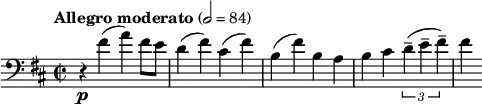 \relative c' { \clef bass \key d \major \time 2/2 \tempo "Allegro moderato" 2 = 84 \set Staff.midiInstrument = "cello" r4\p fis( a) fis8 e d4( fis) cis( fis) b,( fis') b, a b cis \times 2/3 {d--( e-- fis--)} fis }