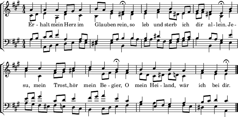 \header { tagline = " " } \layout { indent = 0 \context { \Score \remove "Bar_number_engraver" } } global = { \transposition b \key a \major \numericTimeSignature \time 4/4 \set Score.tempoHideNote = ##t \set Timing.beamExceptions = #'() } \score { \new ChoirStaff << \new Staff << \new Voice = "soprano" { \voiceOne \relative c'' { \global \partial 4 a4 | a a fis8 gis a4 | b8 a gis4 fis\fermata fis | gis a b e,8 fis | gis a fis4 e\fermata b' | cis cis a8 b cis4 | d cis b\fermata a | b cis b a | a gis a\fermata \bar "|." } } \new Voice = "alto" { \voiceTwo \relative c' { \global \partial 4 cis8 d | e4 a, d cis | b e dis dis | e fis fis8 dis e4 | e8 fis dis4 b gis' | a cis, fis8 gis ais4 | b e,8 fis gis4 fis | e8 d cis dis e d cis4 | fis e e } } >> \new Lyrics \lyricsto "soprano" { Er -- halt mein Herz _ im Glau -- _ ben rein, so leb und sterb ich _ dir _ al -- lein. Je -- su, mein Trost, _ hör mein Be -- gier, O mein Hei -- land, wär ich bei dir. } \new Staff << \clef bass \new Voice = "tenor" { \voiceOne \relative c' { \global \partial 4 a8 b | cis d e4 a, a8 gis | fis4 gis8 a b4 b | b dis gis,8 a b cis | b4 b8 a gis4 e' | e8 fis gis4 cis,8 d e4 | fis8 gis a4 e cis | b e,8 fis gis4 a | b8 cis d4 cis } } \new Voice = "bass" { \voiceTwo \relative c' { \global \partial 4 a4 | a,8 b cis4 d8 e fis e | dis4 e b b'8 a | gis a gis fis e fis gis a | b4 b, e e | a8 gis fis eis fis e d cis | b4 cis8 d e4 fis | gis a e fis8 e | dis4 e a, } } >> >> \layout { } } \score { \new ChoirStaff << \new Staff \with { midiInstrument = "choir aahs" } << \new Voice = "soprano" { \voiceOne \relative c'' { \global \tempo 4=76 \partial 4 a4 | a a fis8 gis a4 | b8 a gis4 \tempo 4=60 fis8 r8 \tempo 4=76 fis4 | gis a b e,8 fis | gis a fis4 \tempo 4=60 e8 r8 \tempo 4=76 b'4 | cis cis a8 b cis4 | d cis \tempo 4=60 b8 r8 \tempo 4=76 a4 | b cis b a | \tempo 4=60 a \tempo 4=44 gis \tempo 4=24 a r } } \new Voice = "alto" { \voiceTwo \relative c' { \global \partial 4 cis8 d | e4 a, d cis | b e dis8 r8 dis4 | e fis fis8 dis e4 | e8 fis dis4 b8 r8 gis'4 | a cis, fis8 gis ais4 | b e,8 fis gis8 r8 fis4 | e8 d cis dis e d cis4 | fis e e r } } >> \new Staff \with { midiInstrument = "choir aahs" } << \clef bass \new Voice = "tenor" { \voiceOne \relative c' { \global \partial 4 a8 b | cis d e4 a, a8 gis | fis4 gis8 a b8 r8 b4 | b dis gis,8 a b cis | b4 b8 a gis r e'4 | e8 fis gis4 cis,8 d e4 | fis8 gis a4 e8 r8 cis4 | b e,8 fis gis4 a | b8 cis d4 cis r } } \new Voice = "bass" { \voiceTwo \relative c' { \global \partial 4 a4 | a,8 b cis4 d8 e fis e | dis4 e b8 r8 b' a | gis a gis fis e fis gis a | b4 b, e8 r8 e4 | a8 gis fis eis fis e d cis | b4 cis8 d e r fis4 | gis a e fis8 e | dis4 e a, r } } >> >> \midi { } }