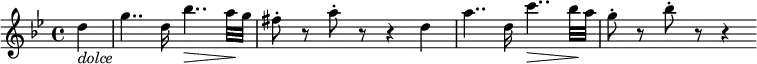 { \relative d'' { \key g \minor \time 4/4 \partial 4 d4 _\markup { \italic "dolce" } | g4.. d16 bes'4.. \> a32 \! g | fis8-. r a-. r r4 d,4 | a'4.. d,16 c'4.. \> bes32 \! a | g8-. r bes-. r r4 }}