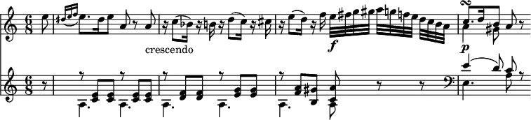  << \relative a'' \new Staff { \key a \minor \time 6/8 \set Score.tempoHideNote = ##t \tempo 8 = 120 \partial 8 e8 \set Score.currentBarNumber = #85 \grace { dis16 [ (e16 f 16] } e8.) dis16 e8 a, r  a_"crescendo" r16 c8 (bes16) r16 b16 r16 d8 (c16) r16 cis16 | r16 e8 (d16) r16 f16 e32\f [fis g gis] a [g f e] d [c b a]  <<       {         \voiceOne         c8.\p\turn d16 b8       }       \new Voice {         \voiceTwo         a4 gis8       }     >>     \oneVoice a8 r8 } \new Staff { \set Staff.midiInstrument = #"fortepiano" \set Staff.midiMaximumVolume = #0.3 r8  <<       {         \voiceOne r8 <c' e'>8 <c' e'>8  r8 <c' e'>8 <c' e'>8  r8 <d' f'>8 <d' f'>8  r8 <e' g'>8 <e' g'>8  r8 <f' a'>8 <b gis'>8 <c' a'>8       }       \new Voice {         \voiceTwo a4. a a a a a8        }     >> \oneVoice r8 r8  <<       {         \voiceOne e'4 (d'8) c' r       }       \new Voice {         \voiceTwo \clef "bass" e4. a8       }     >> } >> 