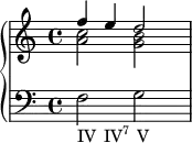 {       \override Score.SpacingSpanner.strict-note-spacing = ##t   \set Score.proportionalNotationDuration = #(ly:make-moment 1/6)       \new PianoStaff <<         \new Staff <<             \new Voice \relative c'' {                 \stemUp \clef treble \key c \major \time 4/4                 f4 e d2                 }             \new Voice \relative c'' {                 \stemDown                 <a c>2 <g b>                 }             >>         \new Staff <<             \relative c {                 \clef bass \key c \major \time 4/4                 f2_\markup { \concat { "IV" \hspace #1 "IV" \super \column { "7" } \hspace #1 "V" } }                 g                 }             >>     >> }