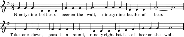 \layout { \set Score.tempoHideNote = ##t \context { \Score \remove "Bar_number_engraver" } } { \key g \major \time 3/4 \tempo 4.=210 \set Staff.midiInstrument = #"harmonica" \relative c'' { g4 g g | d d d | g g g | g2. | a4 a a | e e e | a2.~ | a2. | fis2 fis4 | fis2. | fis4 fis fis | fis2. | d4 d d | d e fis | g g g | g2. \bar ":|." } \addlyrics { Nine -- ty nine bot -- tles of beer on the wall, nine -- ty nine bot -- tles of beer. Take one down, pass it a -- round, nine -- ty eight bot -- tles of beer on the wall.} }