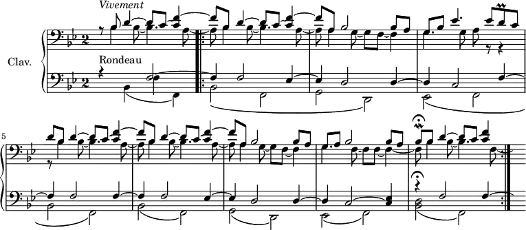 \version "2.18.2" \header {tagline = ##f} Pralldcr = { \tag #'print { d8\prall } \tag #'midi { d32 ees d16 } } Mordbescr = { \tag #'print { bes8\mordent\fermata } \tag #'midi { bes32 a bes16 } } upper = \relative c'' { \clef treble \key bes \major \time 2/2 \override Staff.TimeSignature.style = #'single-digit \tempo 4 = 180 \tempo "Vivement" \set Staff.midiInstrument = #"harpsichord" \mergeDifferentlyDottedOn \clef bass << { r8^\markup{\italic "Vivement"} bes,8 d4~ d8 c~ < c f~ >4 f8 bes, d4~ d8 c~ < c f~ >4 | f8 } \\ { s8 bes,4 bes8~ bes4. a8~ a8 bes4 bes8~ bes4. a8~ | a8 } >> << { a8 bes2 bes8 a | g8 bes ees4. ees8 \Pralldcr c8 | d8 } \\ { a4 g8~ g f~ f4 | g4. g8 a8 r8 r4 | r8 } >> << { bes8 d4~ d8 c~ < c f~ >4 f8 bes, d4~ d8 c~ < c f~ >4 | f8 } \\ { bes,4 bes8~ bes4. a8~ a8 bes4 bes8~ bes4. a8~ | a8 } >> << { a8 bes2 bes8 a | g8 a bes2 bes8 \tempo 4 = 120 a \tempo 4 = 70 \Mordbescr \tempo 4 = 160 bes8 \tempo 4 = 180 d4~ d8 c8~ < f c >4 } \\ { a,4 g8~ g f~ f4 | g4. f8~ f f~ f4~ f8 bes4 bes8~ bes4. f8~ \hideNotes f8 } >> } lower = \relative c { \clef bass \key bes \major \time 2/2 \override Staff.TimeSignature.style = #'single-digit << { r4^\markup{Rondeau} s4 f2~ } \\ { s4 bes,4( f' f,) } >> \bar ".|:" % mes 5 << { f'4 f2 ees4~ ees d2 d4~ d c2 f4~ f f2 f4~ f f2 ees4~ ees d2 d4~ d c2~ < ees c >4 r4\fermata f2 f4~ \bar ":|." \hideNotes f8 } \\ { bes,2\( f g d\) ees2\( f bes f\) bes2( f) g( d) ees( f) < d' bes >( f,) } >> } thePianoStaff = \new PianoStaff << \set PianoStaff.instrumentName = #"Clav." \new Staff = "upper" \upper \new Staff = "lower" \lower >> \score { \keepWithTag #'print \thePianoStaff \layout { \context { \Score \remove "Metronome_mark_engraver" } } } \score { \keepWithTag #'midi \thePianoStaff \midi { } }