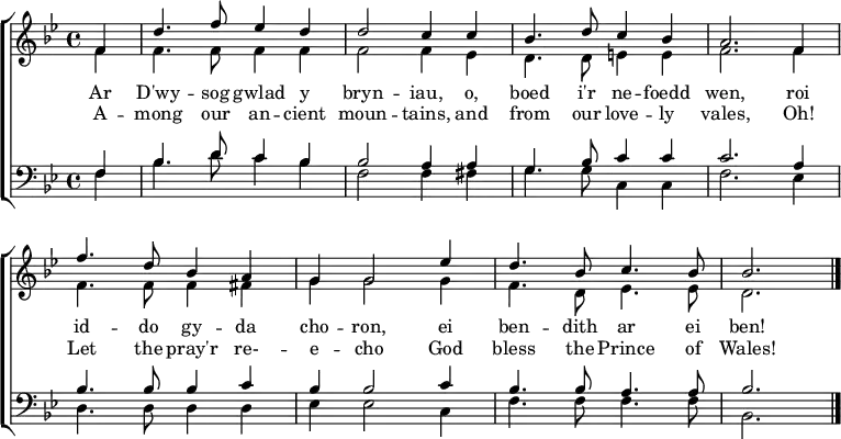 \header { tagline = ##f } \layout { indent = 0 \context { \Score \remove "Bar_number_engraver" } } global = { \key bes \major \time 4/4 \partial 4 } soprano = \relative bes' { \global f4 | d'4. f8 es4 d | d2 c4 c | bes4. d8 c4 bes | a2. f4 | f'4. d8 bes4 a | g g2 es'4 | d4. bes8 c4. bes8 bes2. \bar "|." } alto = \relative c' { \global f4 | f4. f8 f4 f | f2 f4 es | d4. d8 e4 e | f2. f4 | f4. f8 f4 fis | g g2 g4 f4. d8 es4. es8 | d2. \bar "|." } tenor = \relative c { \global f4 | bes4. d8 c4 bes | bes2 a4 a | g4. bes8 c4 c | c2. a4 | bes4. bes8 bes4 c | bes bes2 c4 bes4. bes8 a4. a8 | bes2. \bar "|." } bass = \relative c { \global f4 | bes4. d8 c4 bes | f2 f4 fis | g4. g8 c,4 c | f2. es4 | d4. d8 d4 d | es es2 c4 | f4. f8 f4. f8 | bes,2. \bar "|." } verse = \lyricmode { A -- mong our an -- cient moun -- tains, and from our love -- ly vales, Oh! Let the pray'r re- -- e -- cho God bless the Prince of Wales! } Welsh = \lyricmode { Ar D'wy -- sog gwlad y bryn -- iau, o, boed i'r ne -- foedd wen, roi id -- do gy -- da cho -- ron, ei ben -- dith ar ei ben! } \score { \new ChoirStaff << \new Staff \with { midiInstrument = "brass section" } << \new Voice = "soprano" { \voiceOne \soprano } \new Voice = "alto" { \voiceTwo \alto } >> \new Lyrics \with { \override VerticalAxisGroup #'staff-affinity = #CENTER } \new Lyrics \lyricsto "soprano" \Welsh \new Lyrics \lyricsto "soprano" \verse \new Staff \with { midiInstrument = "brass section" } << \clef bass \new Voice = "tenor" { \voiceOne \tenor } \new Voice = "bass" { \voiceTwo \bass } >> >> \layout { } \midi { \tempo 4=102 } }