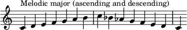{ \override Score.TimeSignature #'stencil = ##f \relative c' { \clef treble \time 7/4 c4^\markup { Melodic major (ascending and descending) } d e f g a b c bes aes g f e d c } }