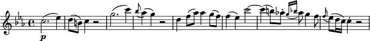\relative c'' { \key c \minor \time 4/4 c2.( \p es4) | d8( b) c4 r2 | g'2.( c4) | \appoggiatura bes8 as4( g) r2 d4 f8( as) as4 g8( f) | f4( es) c'2~ | c4( b8) as!-. \appoggiatura { g16 bes } as8 g4 f8 \appoggiatura f16 es8( d16 c) c4-. r2 }