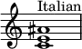 { \override Score.TimeSignature #'stencil = ##f \relative c' { \clef treble \time 4/4 <c e ais>1^\markup { "Italian" } } }