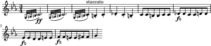\layout { ragged-right = ##t } \relative g { \key c \minor \time 3/4 \appoggiatura { g32 a b } c2. \ff | \appoggiatura { g32 a b } c2. | \appoggiatura { g32 a b } c4-. ^"staccato" b!-. c-. | des4-. c-. b-. c8 c b b c c | des8 \fz des c c d d | es8 \fz es d d e e | f8 \fz f e e fis fis | g4 }