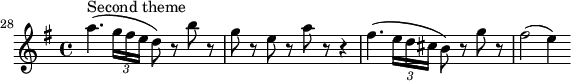 \layout { \set Score.tempoHideNote = ##t line-width = 14\cm } \relative c''' { \set Staff.midiInstrument = #"string ensemble 1" \tempo 4 = 148 \key g \major \time 4/4 \override Score.BarNumber.break-visibility = ##(#f #f #t) \set Score.currentBarNumber = #28 \bar "" a4.^"Second theme" (\tuplet 3/2 { g16 fis e } d8) r b' r | g r e r a r r4 | fis4. (\tuplet 3/2 { e16 d cis } b8) r g' r | fis2 (e4) }