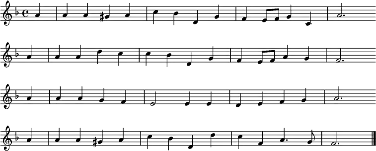 \transpose c bes, \new Staff << \clef treble \key g \major { \time 4/4 \partial 4 \relative g' { b4 | b b ais b | d c e, a | g fis8 g a4 d, | b'2. \bar"" \break b4 | b b e d | d c e, a | g fis8 g b4 a | g2. \bar"" \break b4 | b b a g | fis2 fis4 fis | e fis g a | b2. \bar"" \break b4 | b b ais b | d c e, e' | d g, b4. a8 | g2. \bar"|." } } %\new Lyrics \lyricmode { %} >> \layout { indent = #0 } \midi { \tempo 4 = 80 }