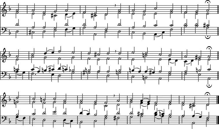 << << \new Staff { \clef treble \time 4/2 \partial 2 \key d \minor \set Staff.midiInstrument = "church organ" \omit Score.TimeSignature \set Score.tempoHideNote = ##t \override Score.BarNumber #'transparent = ##t \transpose c d { \relative c'' << { g2 | g es f g | es d c \breathe g' | g f bes g | es f g\fermata \bar"||" \break g | bes c4( d) es2 d | c b c \breathe c | d c bes a | g fis g\fermata \bar"||" c | bes a bes g | g f es \breathe g | as g4( f) es2 f | es d c\fermata \bar"|." } \\ { es2 | d c b c4( d) | es2 b c es | d c d es | es d d d | g f es f | es d es es | d a' d, d4( c) | bes( c) d2 d f! | f es f es | es d bes c | f es4( d) c2 d | c b c } >> } } \new Staff { \clef bass \key d \minor \set Staff.midiInstrument = "church organ" \transpose c d { \relative c' << { c2 | g g f c' | c g es c' | g as bes bes | c c b bes! | bes4( g) a( b) c( bes) as2 | a g g a | a4( g) g( fis) g2 fis | g a bes a | bes c d c | c4( bes) as2 g c | c b c4( bes) as2 | g g4( f) es2 } \\ { c2 | b c d es4( f) | g2 g, c c | bes as g4( bes) es2 | as as g\fermata g4( f) | es2. d4 c2 f | fis g c, f | bes, a g d' | es d g,\fermata f'4( es) | d2 c bes c4( bes) | as2 bes es e | f g as4( g) f2 | g g, c } >> } } >> >> \layout { indent = #0 } \midi { \tempo 2 = 80 }