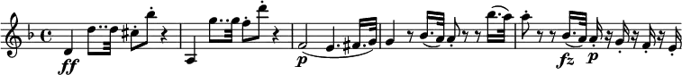 \relative d' { \key d \minor \time 4/4 d4 \ff d'8.. d32 cis8-. bes'-. r4 | a,,4 g''8.. g32 f8-. d'-. r4 f,,2( \p e4. fis16. g32) | g4 r8 bes16.( a32) a8-. r r bes'16.( a32) a8-. r r bes,16.( \fz a32) a16-. \p r g-. r f-. r e-. } \layout { \context {\Score \override SpacingSpanner.common-shortest-duration = #(ly:make-moment 1/8) } }