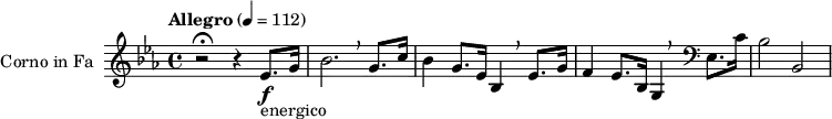 \transpose c f, { \relative c'' { \key bes \major { \set Staff.midiInstrument = "french horn" \set Staff.instrumentName = #"Corno in Fa" \tempo "Allegro" 4 = 112 { r2 \fermata r4 bes8. \f _"energico" d16 | f2. \breathe d8. g16 | f4 d8. bes16 f4 \breathe bes8. d16 | c4 bes8. f16 d4 \breathe \clef bass bes8. g'16 | f2 f,2 } } } } \layout { indent = 2.5\cm }